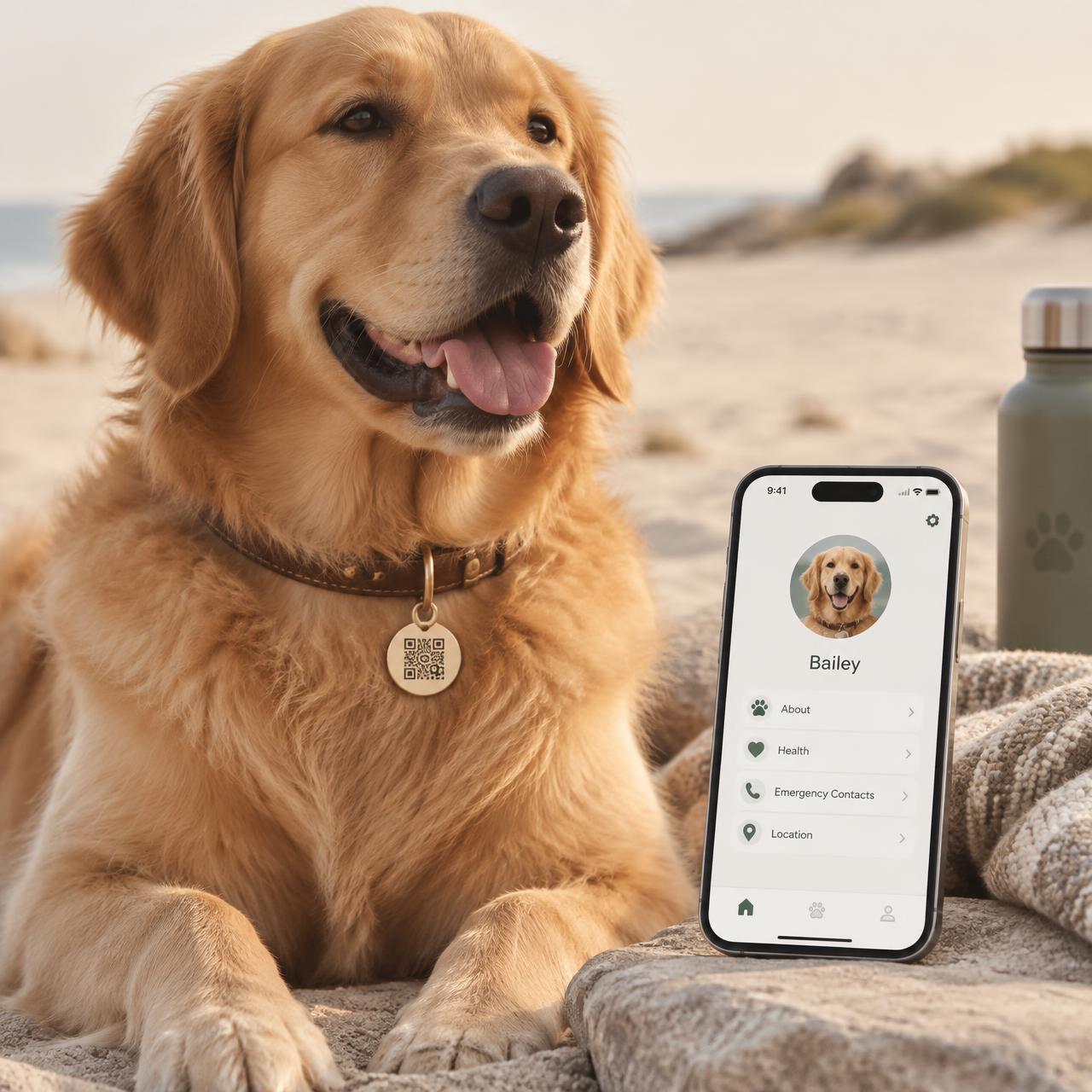 Cachorro com coleira e tag PetPass ao lado de um celular mostrando o perfil do pet